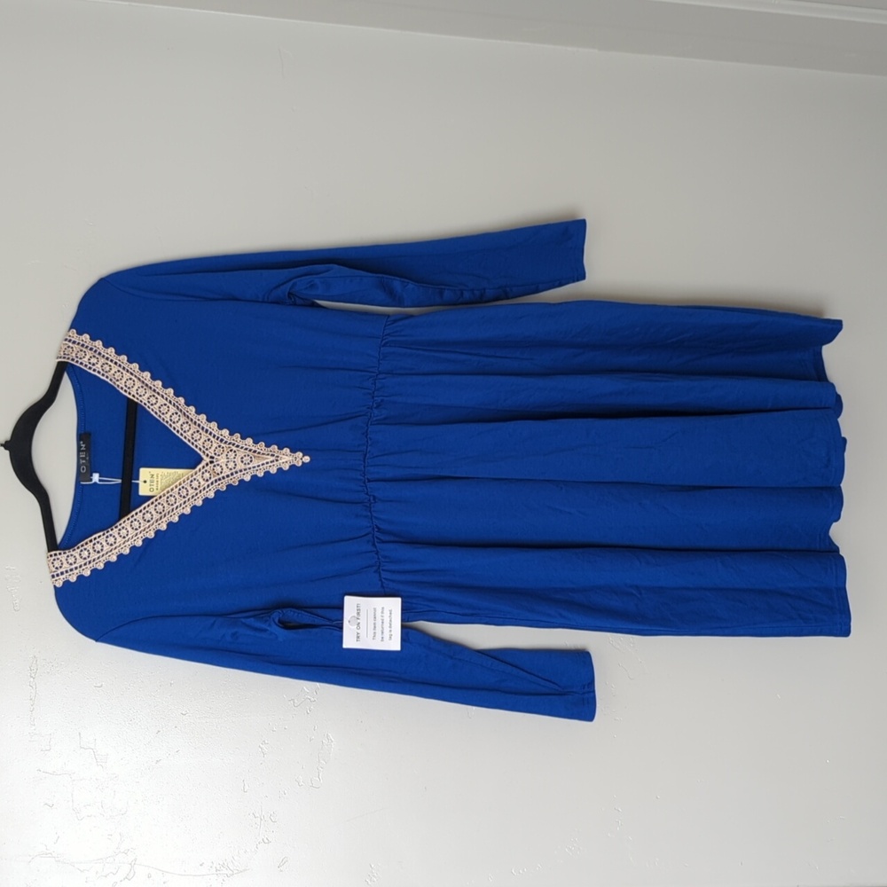 OTEN Blue & White Lacy Long Sleeve Midi Dress XL